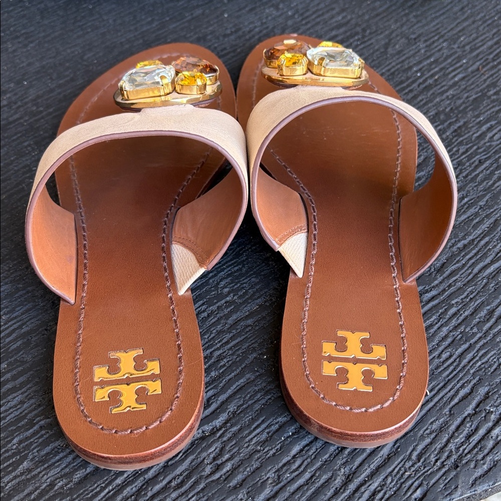 Tory Burch Tan and Gold Embellished Sandals - Picture 9 of 10